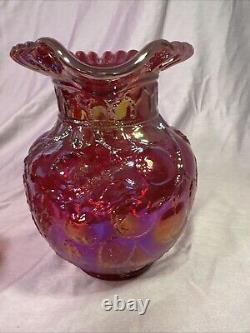 Rare Red Carnival Glass Iridescent Cherry Pattern Pitcher 9 Inches Tall With4glass