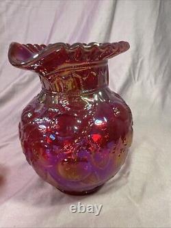 Rare Red Carnival Glass Iridescent Cherry Pattern Pitcher 9 Inches Tall With4glass