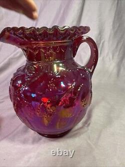 Rare Red Carnival Glass Iridescent Cherry Pattern Pitcher 9 Inches Tall With4glass