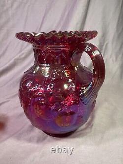 Rare Red Carnival Glass Iridescent Cherry Pattern Pitcher 9 Inches Tall With4glass