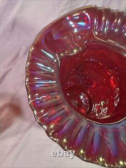 Rare Red Carnival Glass Iridescent Cherry Pattern Pitcher 9 Inches Tall With4glass