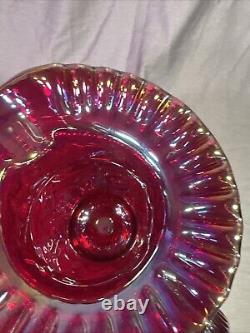 Rare Red Carnival Glass Iridescent Cherry Pattern Pitcher 9 Inches Tall With4glass