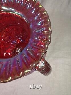 Rare Red Carnival Glass Iridescent Cherry Pattern Pitcher 9 Inches Tall With4glass