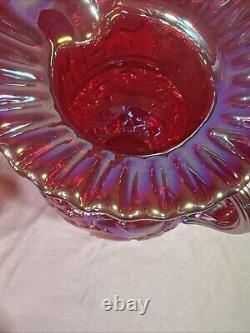 Rare Red Carnival Glass Iridescent Cherry Pattern Pitcher 9 Inches Tall With4glass