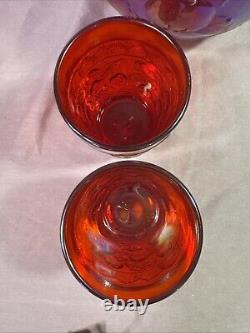 Rare Red Carnival Glass Iridescent Cherry Pattern Pitcher 9 Inches Tall With4glass