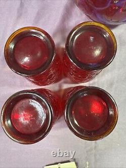 Rare Red Carnival Glass Iridescent Cherry Pattern Pitcher 9 Inches Tall With4glass