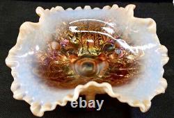 Rare! Ruffled Fenton Flowers Carnival Glass Bowl in Peach Opalescent