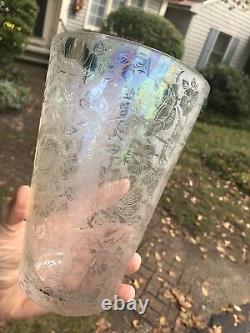 Rare Vintage Clear Carnival Glass Iridescent Vase W Flowers & Birds Ribed