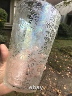 Rare Vintage Clear Carnival Glass Iridescent Vase W Flowers & Birds Ribed