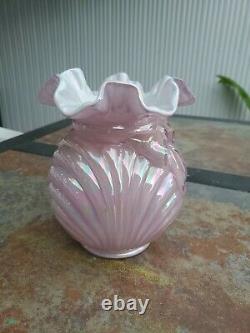 Rare Vintage Fenton Art Iridescent Pink Glass Vase Mint Condition