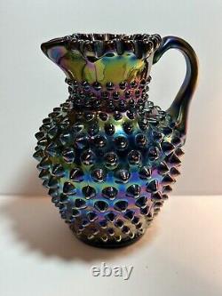 Rare Vintage Fenton Black Amethyst Carnival Glass Hobnail Ruffled Pitcher Vase