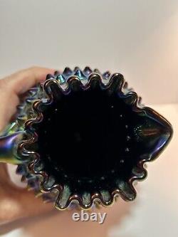 Rare Vintage Fenton Black Amethyst Carnival Glass Hobnail Ruffled Pitcher Vase