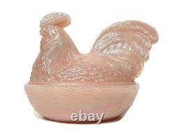 Rare Vintage Fenton Pink Opalescent Hen On A Basket Candy Dish
