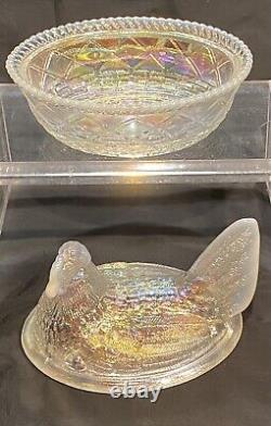 Rare WESTMORELAND White Iridescent Carnival Glass Covered Hen On Basket
