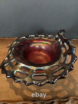 Red Vintage Fenton Open Edge 2 Row JIP Carnival Glass Basket iridescent reticula