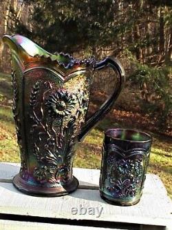 SPECTACULAR Imperial Purple FIELD FLOWER Carnival Glass Pitcher and One TUMBLER