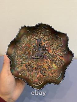 STUNNING VTG FENTON PEACOCK & URN Blue Dark Iridescent Carnival Glass Bowl 9W