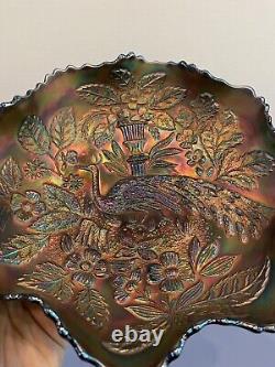 STUNNING VTG FENTON PEACOCK & URN Blue Dark Iridescent Carnival Glass Bowl 9W