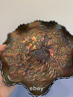 STUNNING VTG FENTON PEACOCK & URN Blue Dark Iridescent Carnival Glass Bowl 9W