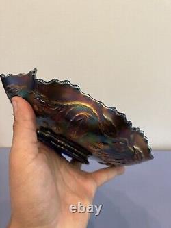 STUNNING VTG FENTON PEACOCK & URN Blue Dark Iridescent Carnival Glass Bowl 9W