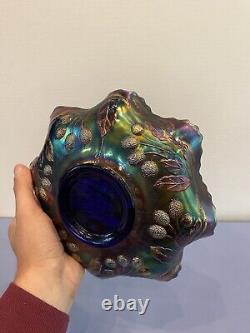 STUNNING VTG FENTON PEACOCK & URN Blue Dark Iridescent Carnival Glass Bowl 9W