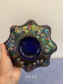 STUNNING VTG FENTON PEACOCK & URN Blue Dark Iridescent Carnival Glass Bowl 9W