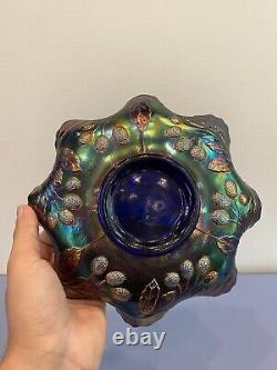 STUNNING VTG FENTON PEACOCK & URN Blue Dark Iridescent Carnival Glass Bowl 9W