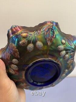 STUNNING VTG FENTON PEACOCK & URN Blue Dark Iridescent Carnival Glass Bowl 9W