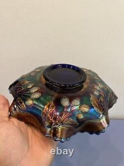 STUNNING VTG FENTON PEACOCK & URN Blue Dark Iridescent Carnival Glass Bowl 9W