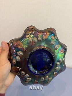 STUNNING VTG FENTON PEACOCK & URN Blue Dark Iridescent Carnival Glass Bowl 9W