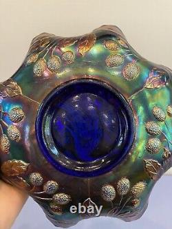 STUNNING VTG FENTON PEACOCK & URN Blue Dark Iridescent Carnival Glass Bowl 9W