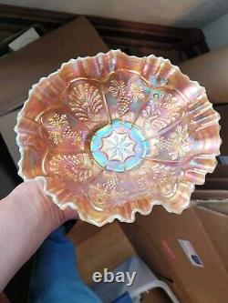 Scarce Vaseline Opal Fenton Carnival Glass Peacock & Grape Pattern Ruffled Bowl