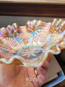 Scarce Vaseline Opal Fenton Carnival Glass Peacock & Grape Pattern Ruffled Bowl