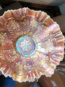 Scarce Vaseline Opal Fenton Carnival Glass Peacock & Grape Pattern Ruffled Bowl