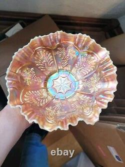 Scarce Vaseline Opal Fenton Carnival Glass Peacock & Grape Pattern Ruffled Bowl