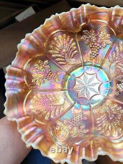 Scarce Vaseline Opal Fenton Carnival Glass Peacock & Grape Pattern Ruffled Bowl