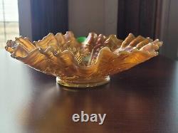 Scarce Vaseline Opal Fenton Carnival Glass Peacock & Grape Pattern Ruffled Bowl