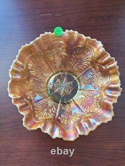 Scarce Vaseline Opal Fenton Carnival Glass Peacock & Grape Pattern Ruffled Bowl