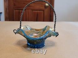 Scarce Westmoreland Blue Opalescent Glass Carnival Glass Intaglio Flower Basket