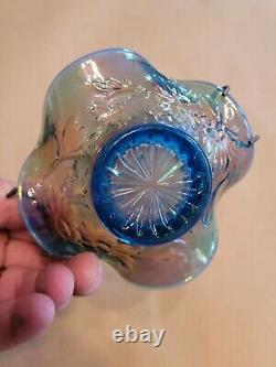 Scarce Westmoreland Blue Opalescent Glass Carnival Glass Intaglio Flower Basket