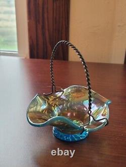 Scarce Westmoreland Blue Opalescent Glass Carnival Glass Intaglio Flower Basket