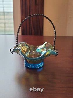 Scarce Westmoreland Blue Opalescent Glass Carnival Glass Intaglio Flower Basket