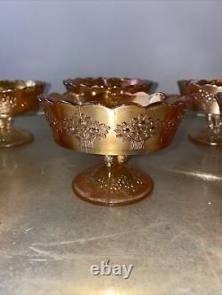 Set 6 Vintage Marigold Carnival Glass Floral Berry Bowls Floral Iridescent 4.5