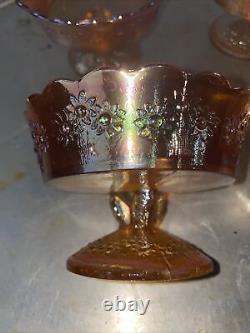 Set 6 Vintage Marigold Carnival Glass Floral Berry Bowls Floral Iridescent 4.5