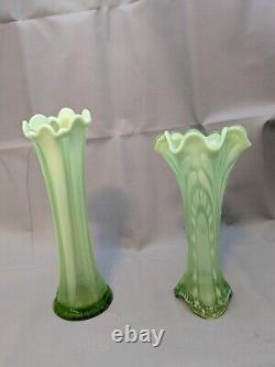 Set Of Two Carnival Glass Green Opalescent 11 1/2 Swung Vase