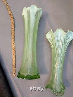 Set Of Two Carnival Glass Green Opalescent 11 1/2 Swung Vase