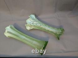 Set Of Two Carnival Glass Green Opalescent 11 1/2 Swung Vase