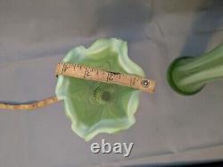 Set Of Two Carnival Glass Green Opalescent 11 1/2 Swung Vase