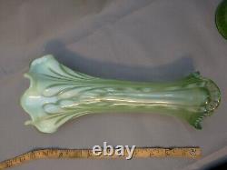 Set Of Two Carnival Glass Green Opalescent 11 1/2 Swung Vase