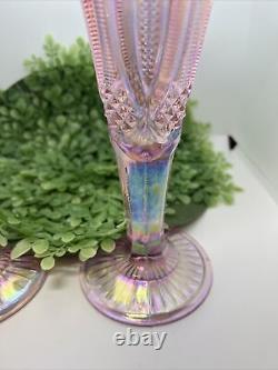 Set of 2 Fenton Vases Carnival Glass Iridescent Pink Lily Diamond Point